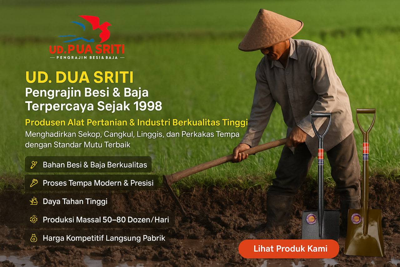 Cangkul Besi UD Dua Sriti – Buatan Pengrajin Lokal Sekop baja buatan UD Dua Sriti – alat pertanian kuat dan awet